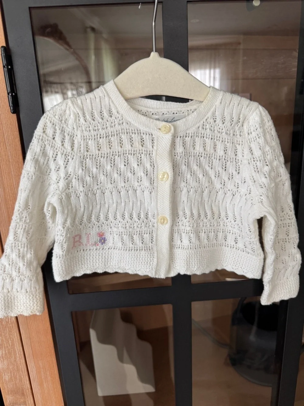 Ralph Lauren baby girl pointelle knit cardigan sweater button down cross stitch
